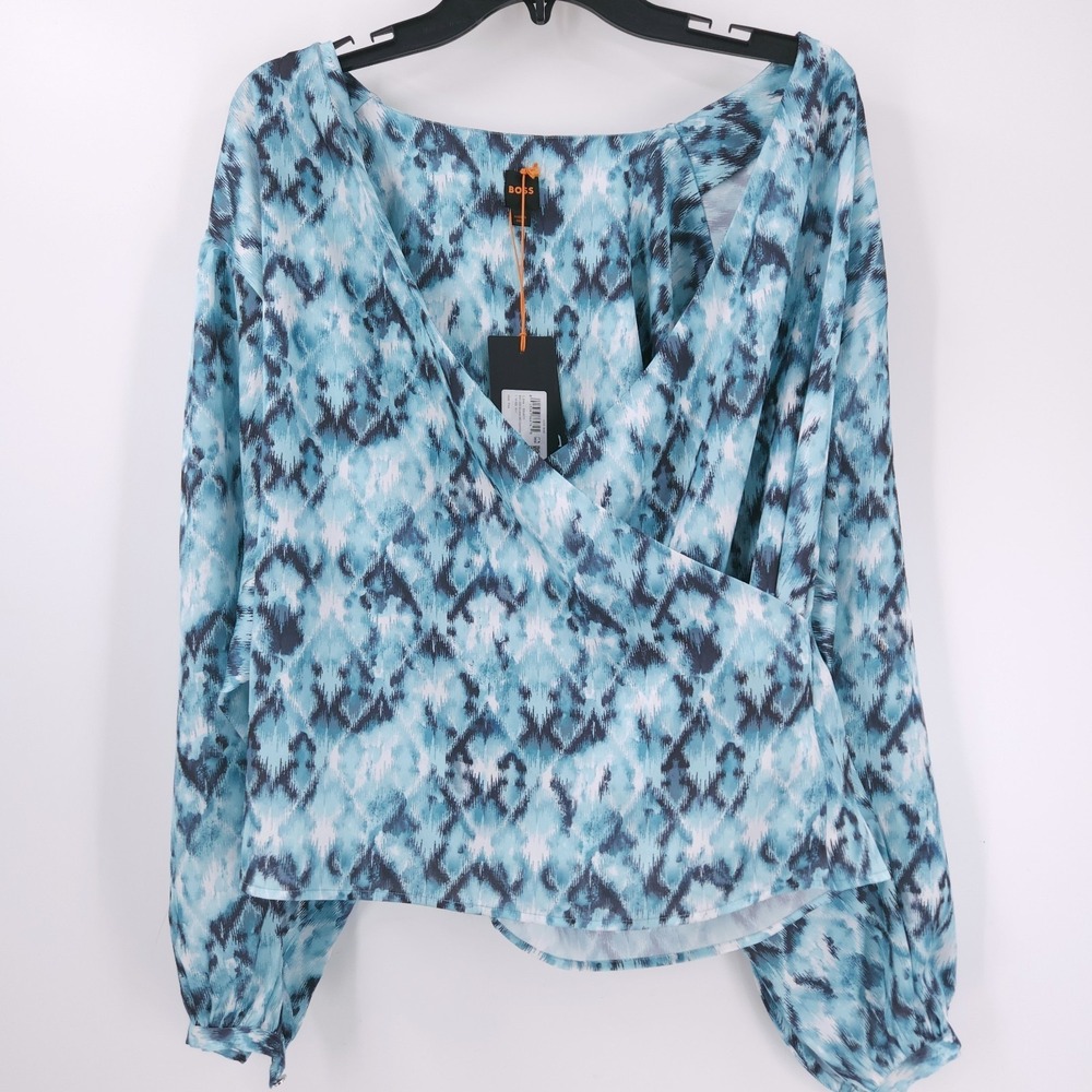 Boss Orange Bivie Surplice Neck Printed Hammered Satin Blouse Top Blue Womens XS - Picture 2 of 10